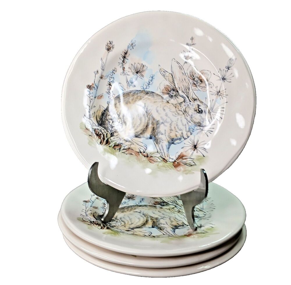 Pier 1 Bunny Rabbit in the Flowers 4 Salad Plates Ironstone Easter Spring